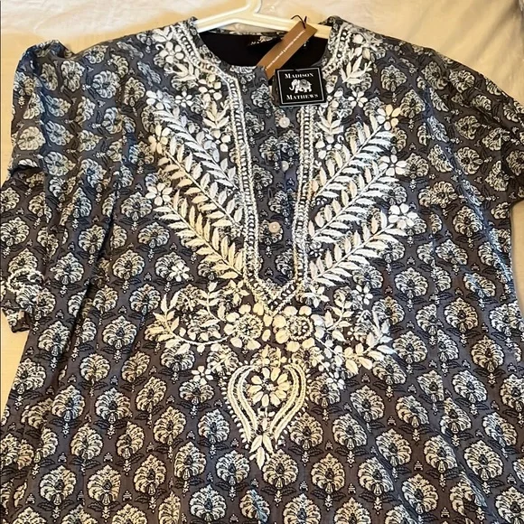 Madison Mathew’s 3/4 Sleeve Navy and White Patterned Dress with Embroidery NWT - Picture 1 of 3